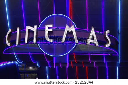 Old fashioned movie theater sign and neon lights
