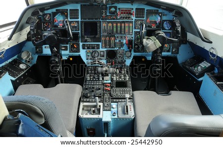 Modern jet airplane cockpit control view