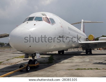 Passenger jet airplane parked for storage