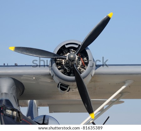 Large propeller and rotary engine used on an old flying boat