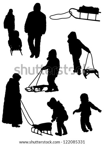 Collection of silhouettes of people and children with a sledge
