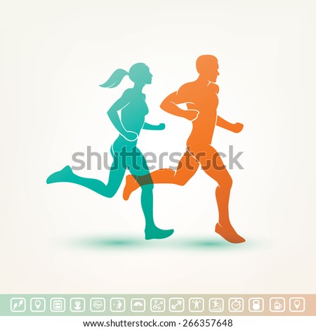running man and woman silhouette, outlined vector sketch, fitness concept, fitness tracker icons