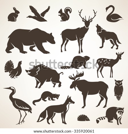 european forrest wild animals collection of stylized vector silhouettes