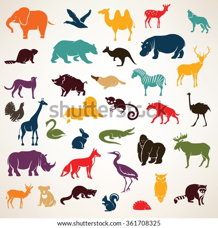 big set of african and european animals silhouettes in cartoon style
