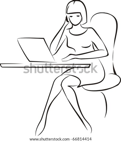 Young Business Woman Sitting In The Office With Phone And Laptop Sketch
