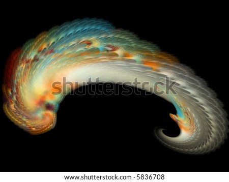 Fractal image.  Coloured \'fan\' shape against a black background.  Could be interpreted as a nebula, shrimp, embryo, or seahorse.