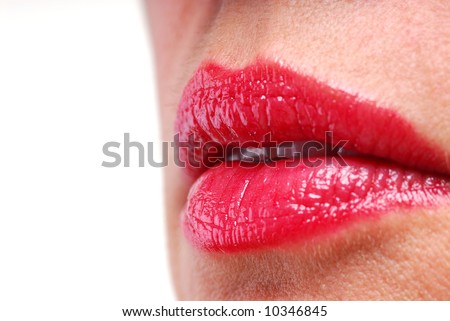 Close-up female lips with red lipstick on white background