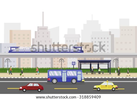 Cityscape with train, people and bus stop, public transportation. vector illustration