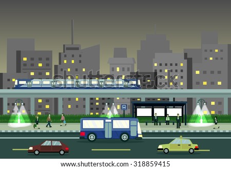 Cityscape at night with train, people and bus stop, public transportation. vector illustration