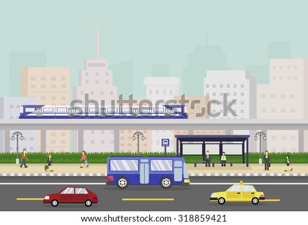 Cityscape with train, people and bus stop, public transportation. vector illustration