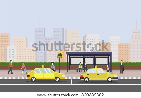 Cityscape with Taxi cab stand. public transportation. vector illustration