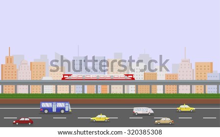 Cityscape with train and road, public transportation. vector illustration
