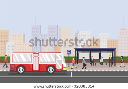 Cityscape with Bus stop. public transportation. vector illustration