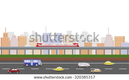 Cityscape with train and road on white background, public transportation. vector illustration