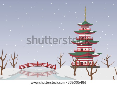 winter season with pagoda and bridge landscape. vector illustration