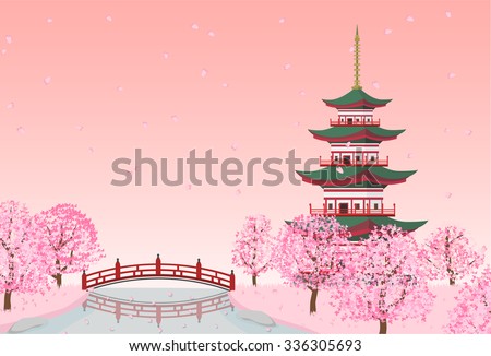 sakura cherry blossom tree, river with pagoda and bridge landscape. vector illustration