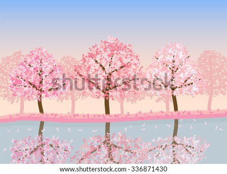 spring season of sakura cherry blossom trees with lake. landscape vector