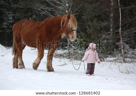 Cute little girl leading big draught horse by the forest in winter