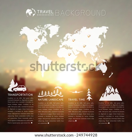 Blurred natural landscape with world map and travel icons. web and mobile interface background. Blurred mountains at sunset. Vector illustration