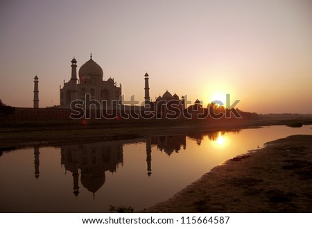 TajMahal, Agra, India. picture taken in sunset scene on other side of river.