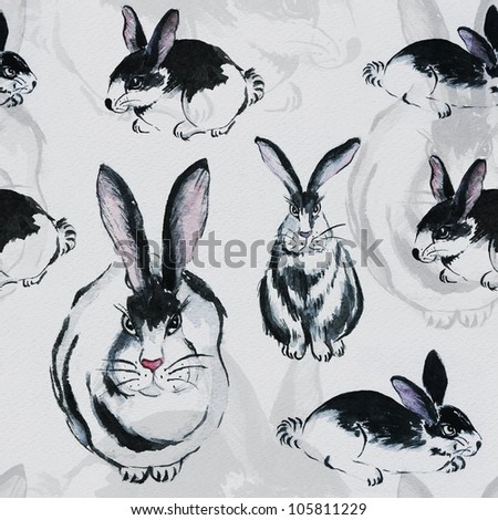Seamless rabbits animal pattern. Wallpaper grey background