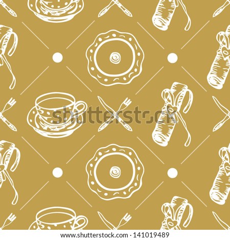 Seamless food pattern with plates and dishes on the gold background in vector