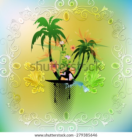 Tropical design with surf boarder and palm