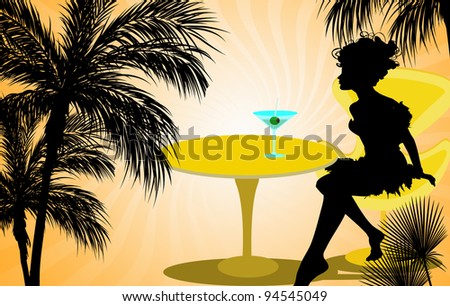 women silhouette with palm and cocktail
