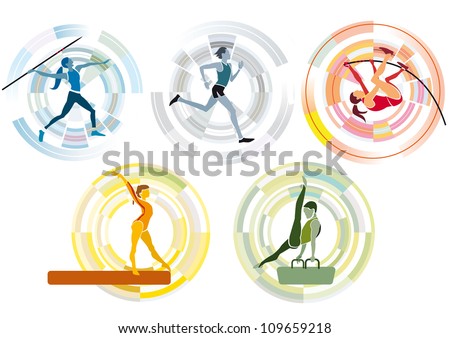 five stylized figures of  men and women athletes practicing various sports disciplines.