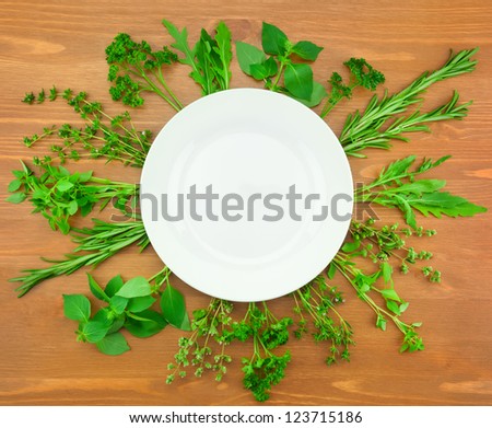 Fresh Herbs Collection as Border Around White Plate on Wooden texture / Vintage Style / with copy space for your text