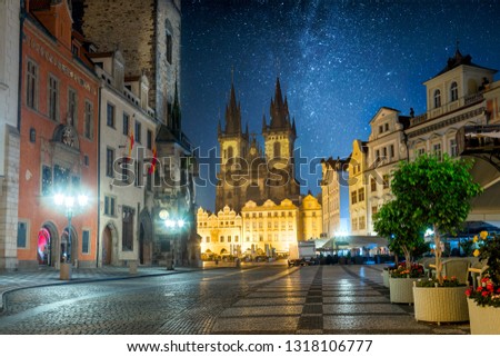 Prague Old Town Square at night in Prague with stars sky, Czech Republic, Europe