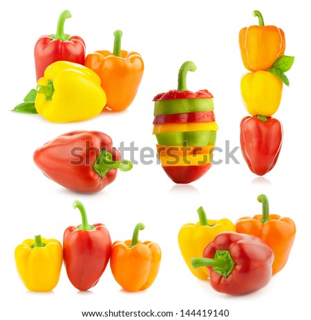 Colored Fresh Peppers -  big Set - Vegetable - Colorful  Different compositions  Isolated on a white background