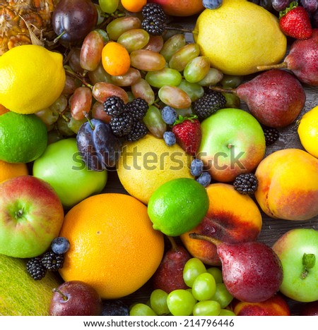 Background of different  Fruits with water drops - fresh and organic
