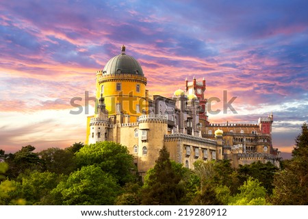 Fairy Palace against sunset sky - Panorama of Pena National Palace in Sintra, Portugal, Europe - horizontal