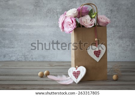 Rises, Hearts and two Feathers - Vintage Romantic still life horizontal background