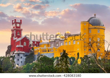 Pena National Palace and sunset sky, famous landmark, Sintra, Lisbon, Portugal, Europe