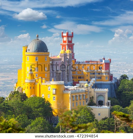 Famous and beautiful Landmark - National Palace of  Pena and blue sky - Sintra, Lisboa, Portugal, Europe