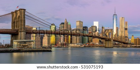 New York City - Panoramic view of Manhattan with famous Brooklyn Bridge at early morning, big size