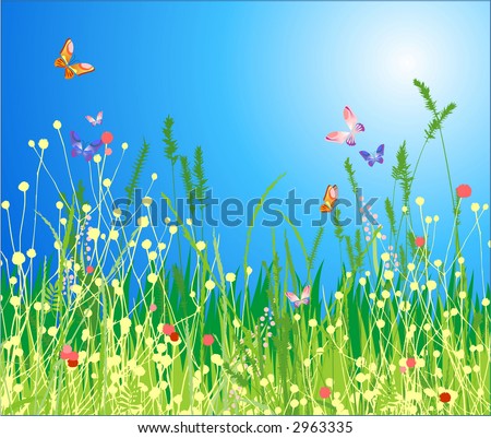 clip art flowers and butterflies. stock vector : Flowers, grass