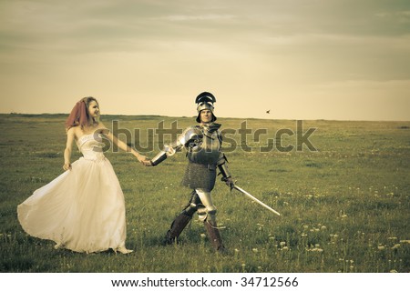 Princess Bride and her knight / wedding / retro style toned