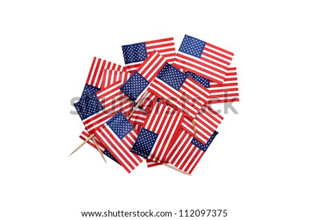 Tooth pick background with paper flag of United States of America, US, isolated on white