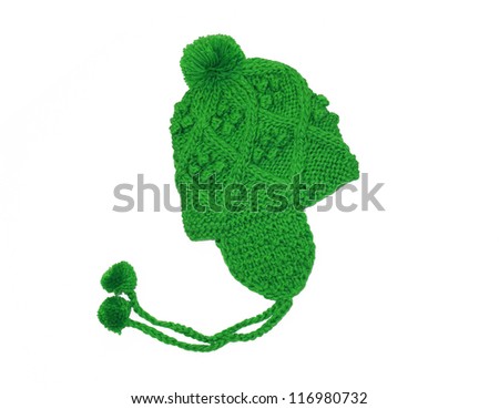 New Green Knit Wool Hat with Pom Pom isolated on white background