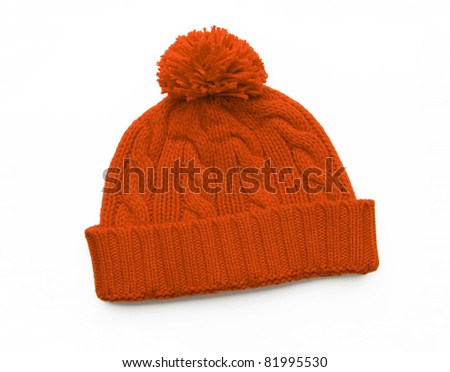 New Orange Knit Wool Hat with Pom Pom isolated on white background