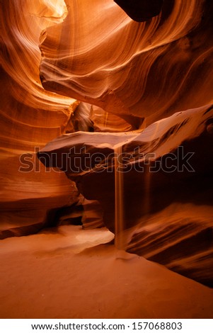 Sand pours over the lip of a sandstone rock in a canyon of America\'s southwest.