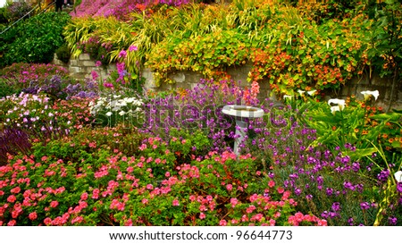 A lush garden overflowing with budding flowers brightens a warm summer day.