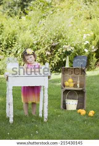 Adorable little girl running a lemonade stand.  Room for your text.