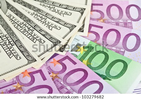 Many euro and dollar banknotes