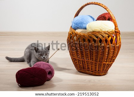 Woolen yarn and little kitten in a braided basket on wooden background