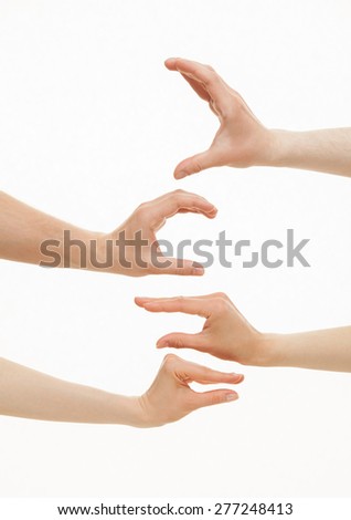 Hands showing different sizes - from small to big, white background