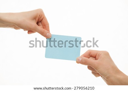 Two hands pull in different directions a blue paper card, white background